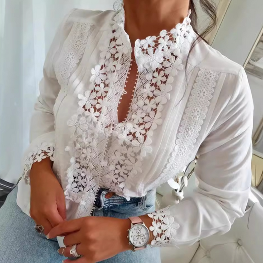 Lace Floral Pattern Mandarin Collar Blouse