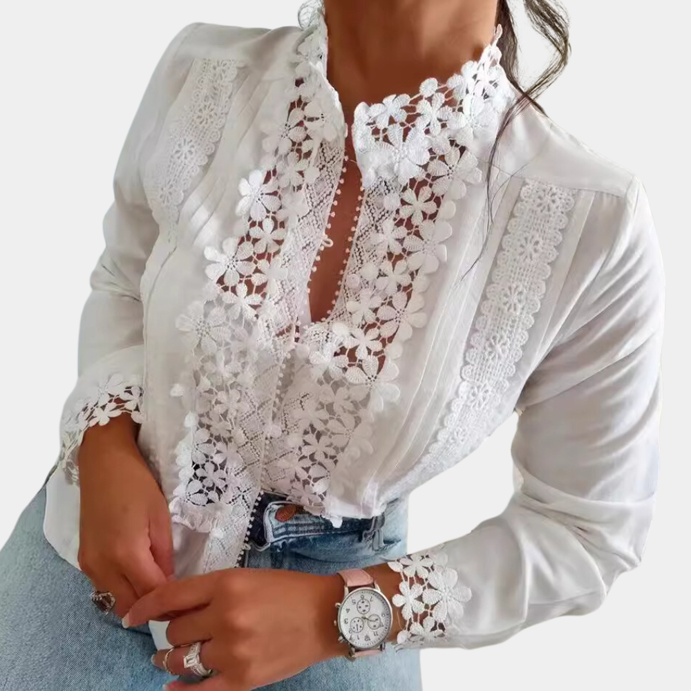 Women's Lace Blouse - Mandarin Collar - Floral Pattern - Long Sleeve Elegant Style