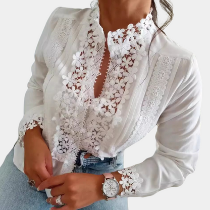 Women's Lace Blouse - Mandarin Collar - Floral Pattern - Long Sleeve Elegant Style