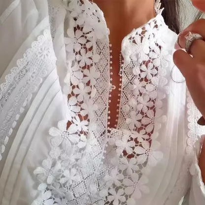 Women's Lace Blouse - Mandarin Collar - Floral Pattern - Long Sleeve Elegant Style