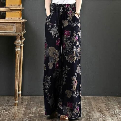 Women's Linen wide-leg pants with printed design and elastic waist with tie