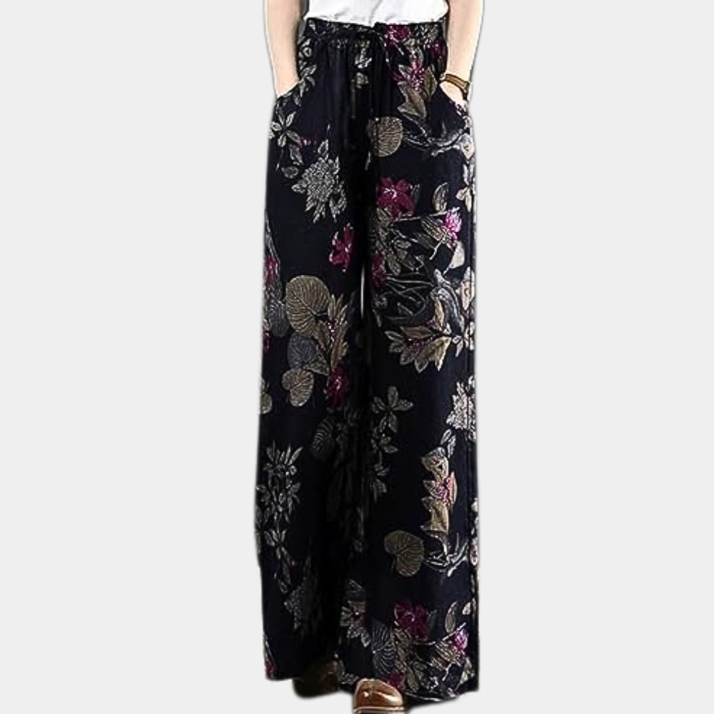 Women's Linen wide-leg pants with printed design and elastic waist with tie