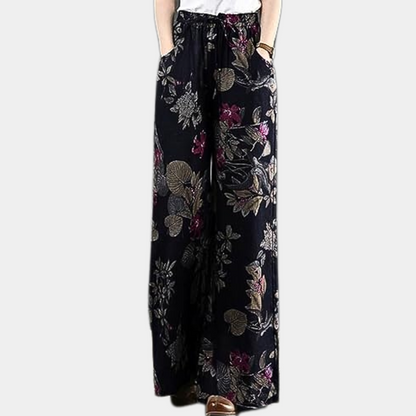 Women's Linen wide-leg pants with printed design and elastic waist with tie