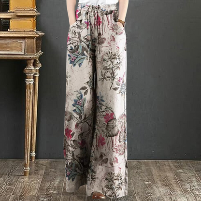 Women's Linen wide-leg pants with printed design and elastic waist with tie