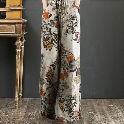 Women's Linen wide-leg pants with printed design and elastic waist with tie