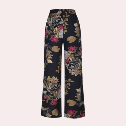 Women's Linen wide-leg pants with printed design and elastic waist with tie