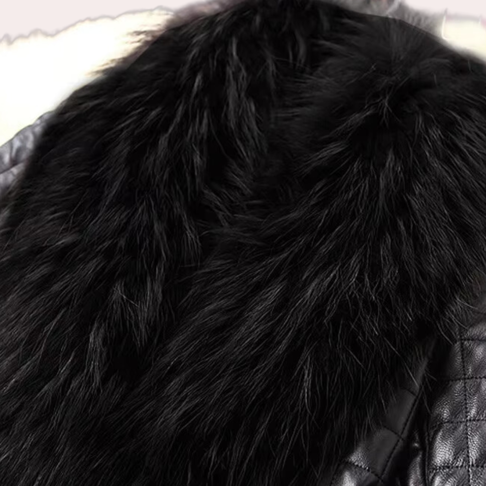 Women's slim-fit quilted coat with raccoon fur collar