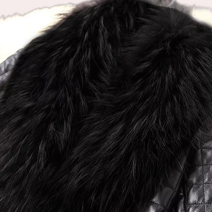 Women's slim-fit quilted coat with raccoon fur collar