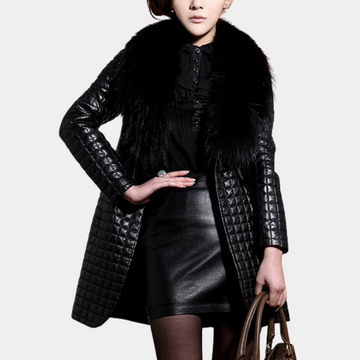 Women's slim-fit quilted coat with raccoon fur collar