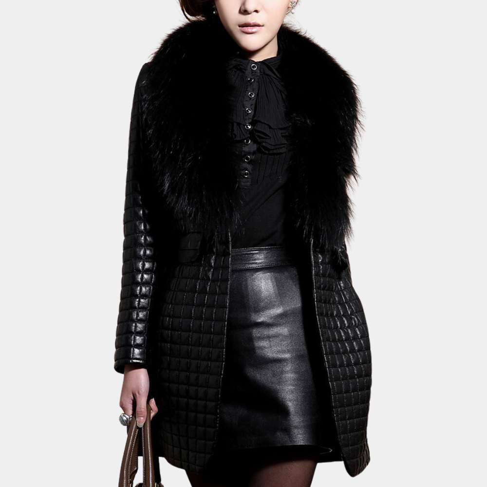 Women's slim-fit quilted coat with raccoon fur collar