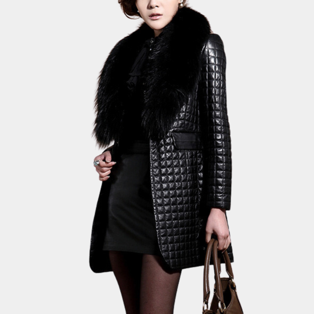 Women's slim-fit quilted coat with raccoon fur collar