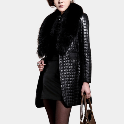 Women's slim-fit quilted coat with raccoon fur collar