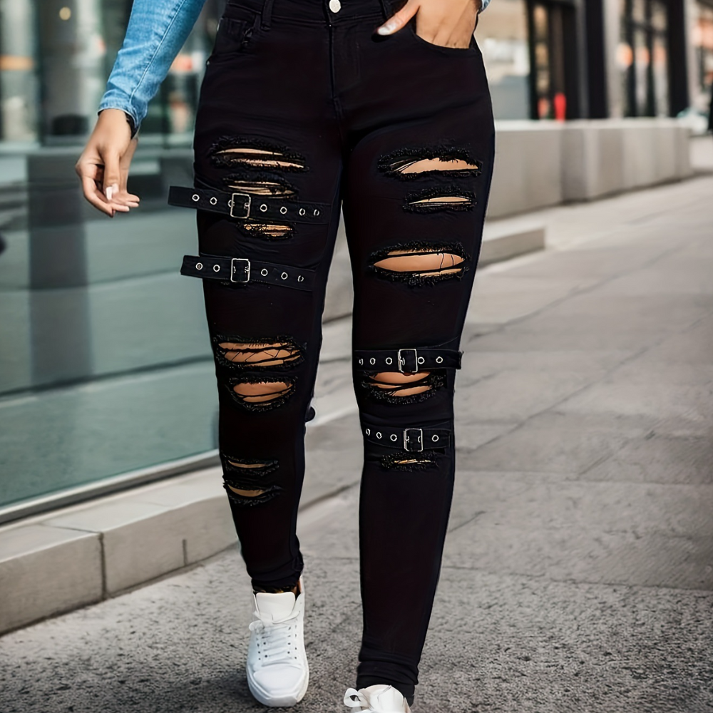 Ripped skinny elastic denim trousers for women