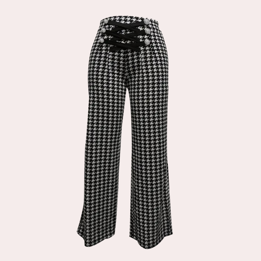 Elegant hounds tooth straight wide-leg pants with button decoration for women