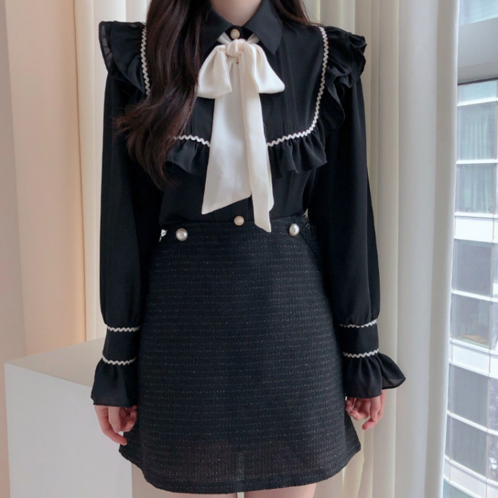 Women's Blouse - Ruffled High Neck with Bow Tie - Long Sleeve Elegant Design