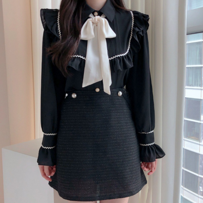Women's Blouse - Ruffled High Neck with Bow Tie - Long Sleeve Elegant Design