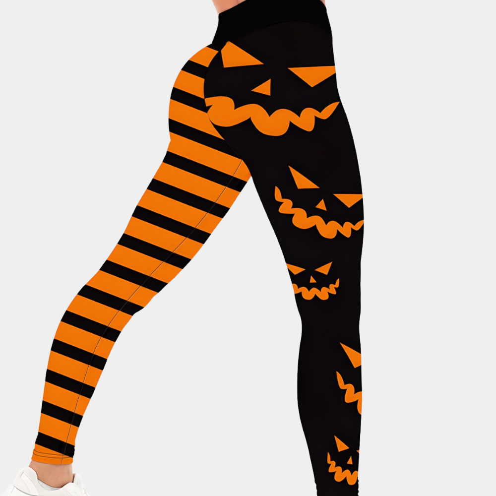 Women's Leggings - High Waist - Stretchy Fit - Jack-O'-Lantern Print - Striped Pattern