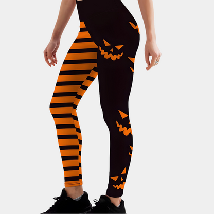 Women's Leggings - High Waist - Stretchy Fit - Jack-O'-Lantern Print - Striped Pattern