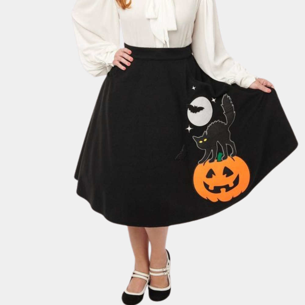 Plus size pumpkin head cat moon print swing skirt for women