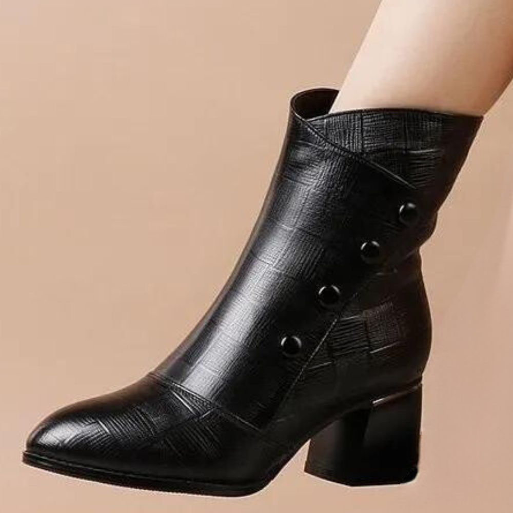 Women’s Ankle Boots – Textured Faux Leather – Block Heel – Side Buttons – Rounded Toe