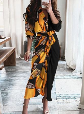 Women's Wrap Dress - V-Neckline - Maxi Length - Belted Waist - Elegant & Flowy