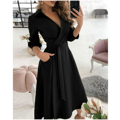 Women’s Wrap Dress - V-Neck - Fitted Waist with Tie - A-Line Silhouette - 3/4 Sleeve