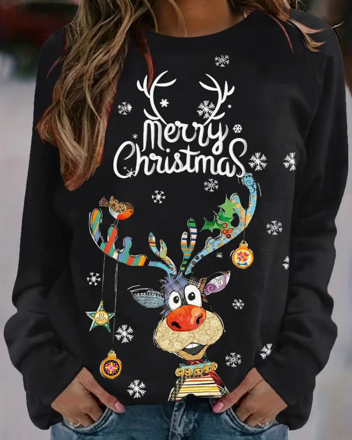 Women's Christmas deer print round neck sweater