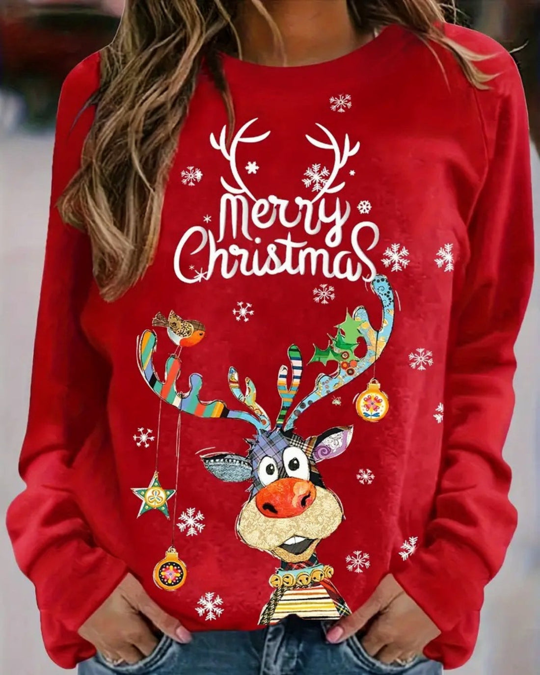 Women's Christmas deer print round neck sweater