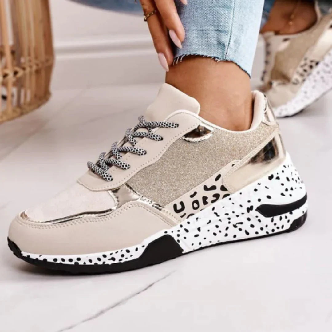 Women's Chunky Sneakers - Glitter Finish - Metallic Accents - Cushioned Sole