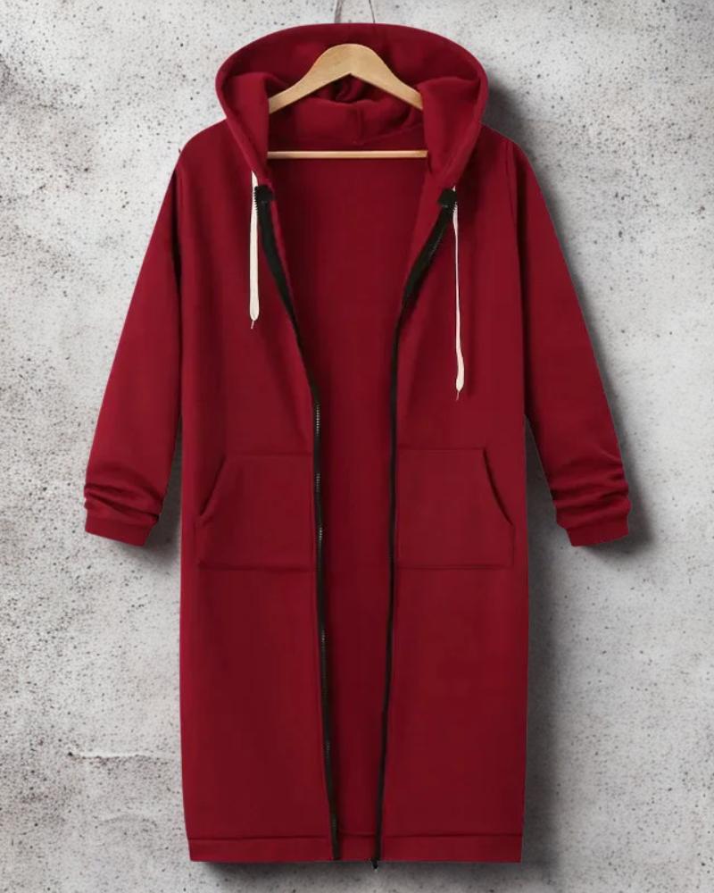 Women’s Long Hooded Jacket – Loose Fit – Cotton Blend – Full Zip – Front Pockets