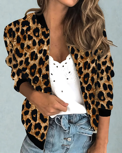 Women’s Bomber Jacket – Relaxed Fit – Animal Print – Ribbed Trim – Zipper Front