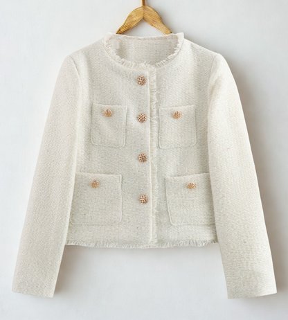 Women’s Cropped Jacket – Textured Woven – Tailored Fit – Metal Buttons – Raw Hem