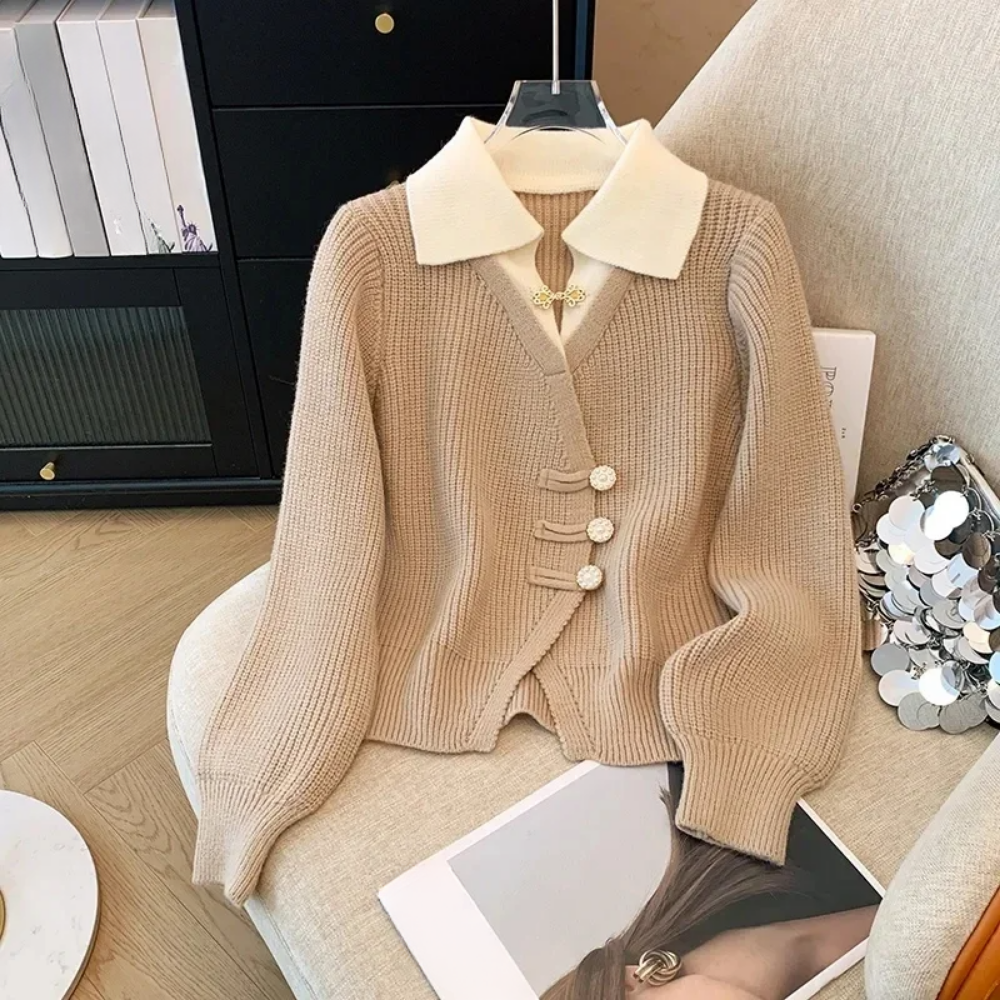Women’s Cardigan Sweater – Relaxed Fit – Layered Mock Design – Decorative Buttons & Brooch