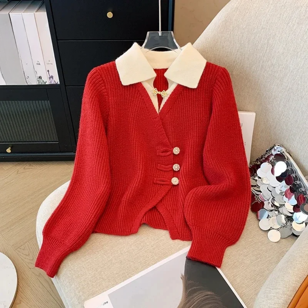 Women’s Cardigan Sweater – Relaxed Fit – Layered Mock Design – Decorative Buttons & Brooch