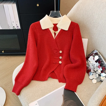 Women’s Cardigan Sweater – Relaxed Fit – Layered Mock Design – Decorative Buttons & Brooch