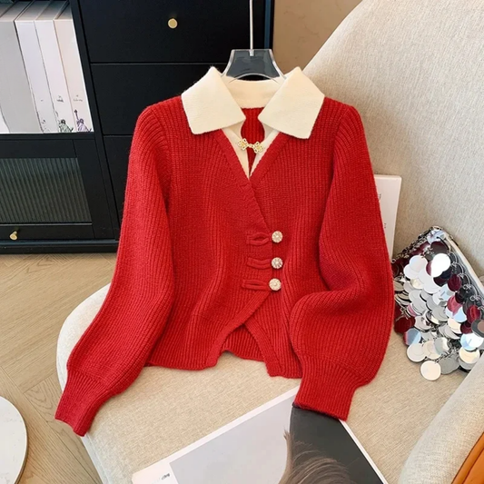 Relaxed Layered Mock Cardigan Sweater 