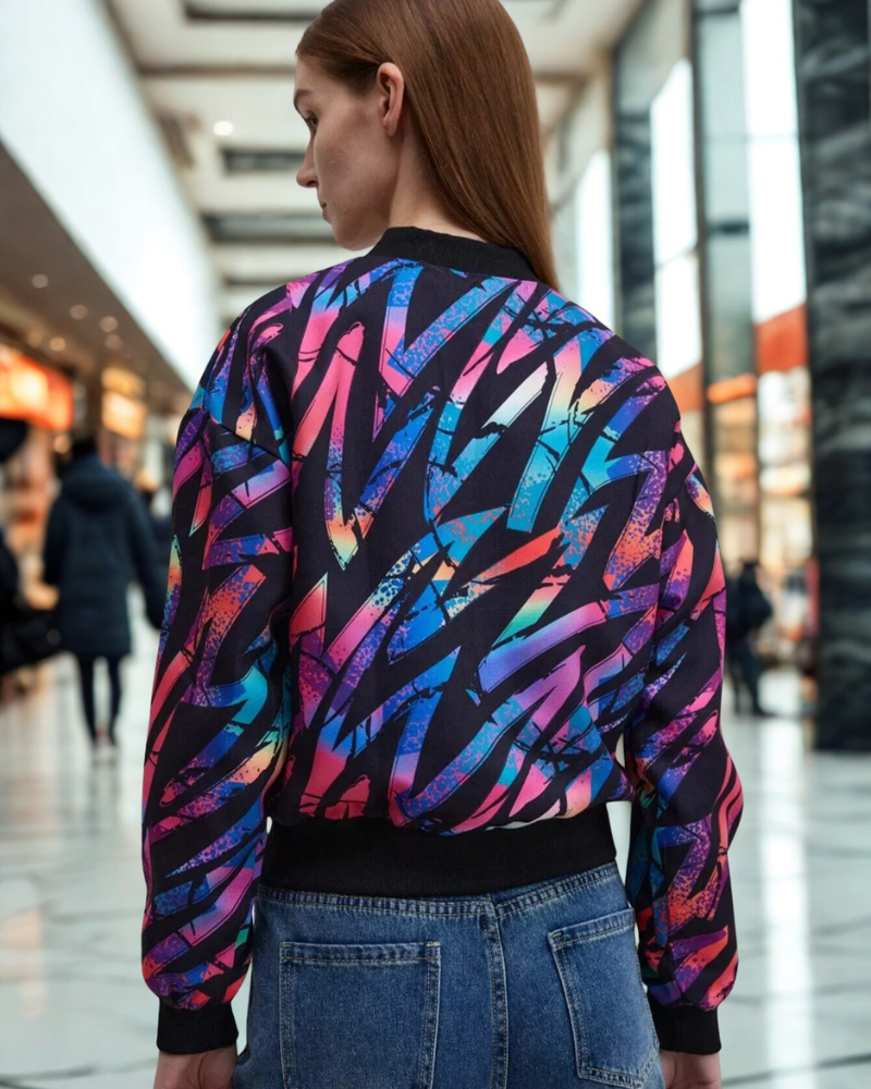 Reflective Cropped Fit Abstract Print Bomber Jacket 