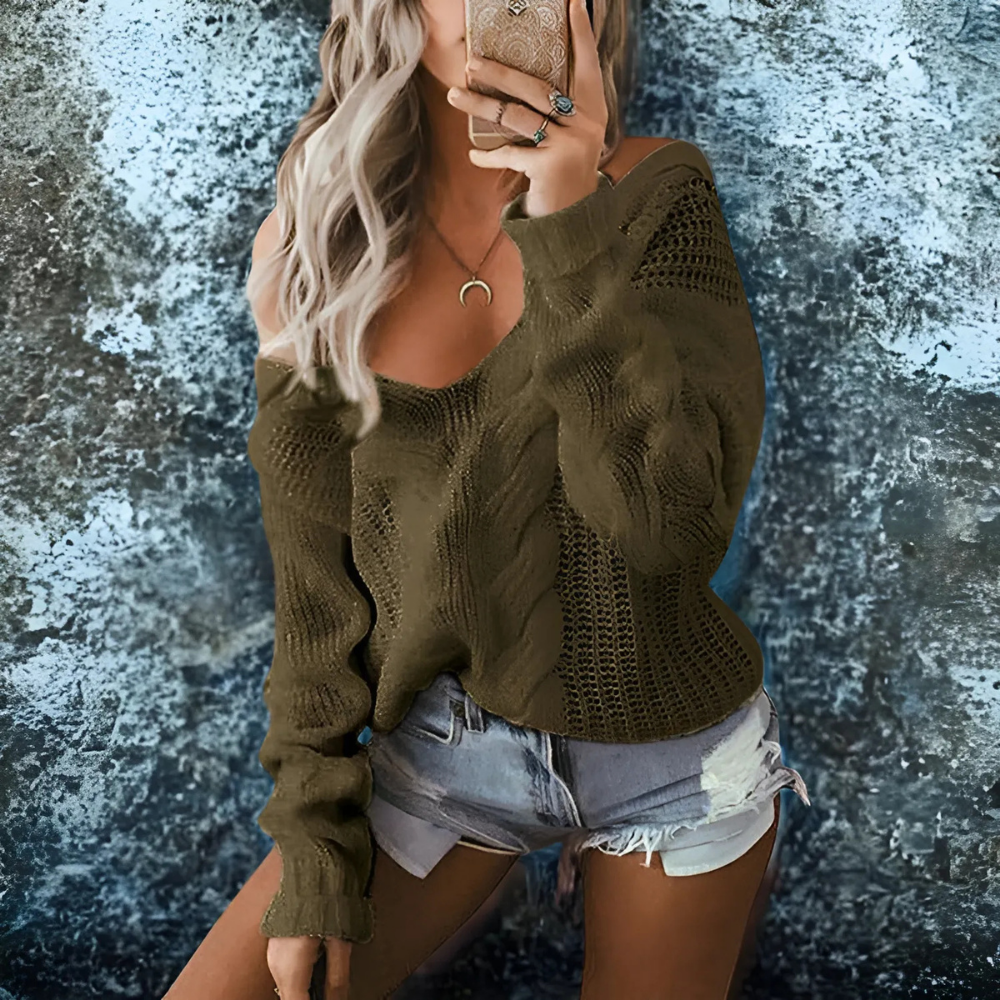 Women’s Pullover Knit Sweatshirt – Loose Fit – Deep V-Neck – Cable Open Knit – Cropped
