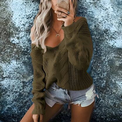 Women’s Pullover Knit Sweatshirt – Loose Fit – Deep V-Neck – Cable Open Knit – Cropped