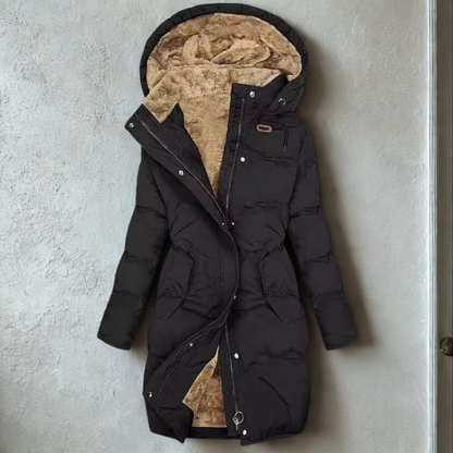 Women’s Long Puffer Coat – Quilted Insulated – Plush Hood – Adjustable Waist – Zip Front