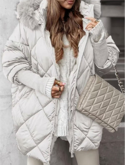 Women’s Puffer Coat – Oversized Relaxed Fit – Quilted Diamond – Faux Fur Hood Trim