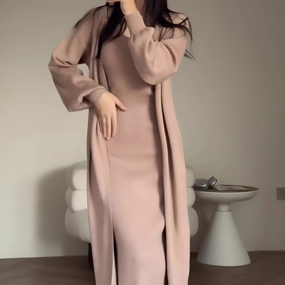 Women’s Two-Piece Knit Dress and Long Cardigan Set – Slim Fit – Side Slit – Sleeveless
