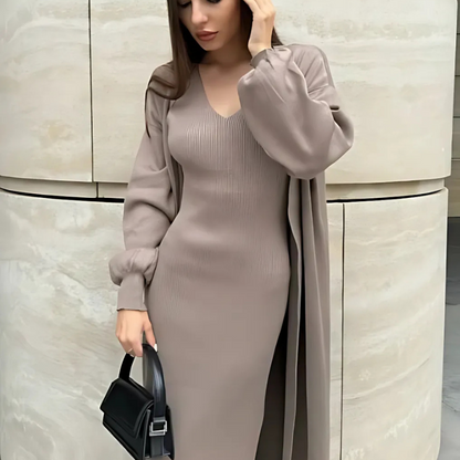 Women’s Two-Piece Knit Dress and Long Cardigan Set – Slim Fit – Side Slit – Sleeveless