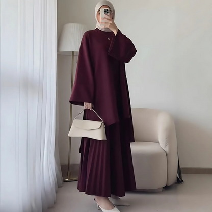 Women’s Two-Piece Skirt Suit Set – Oversized Mock Neck Top – Bell Sleeves – Pleated Maxi Skirt