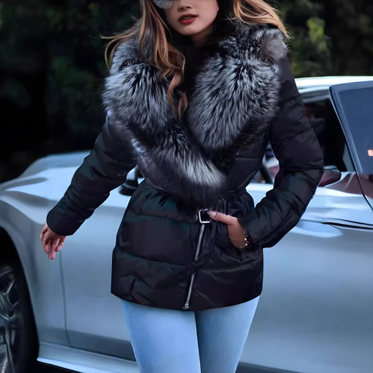 Faux Fur Oversized Quilted Jacket With Belt 