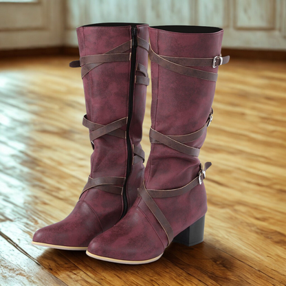 Women’s Knee-High Boots – Mid Heel – Strappy Buckle – Zip Closure – Rounded Toe