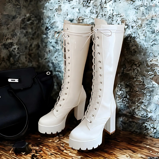 Glossy Chunky Platform Lace-Up Knee-High Boots 
