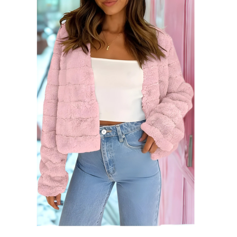 Women’s Faux Fur Jacket – Cropped – Relaxed Fit – Open Front – Long Sleeve – Textured