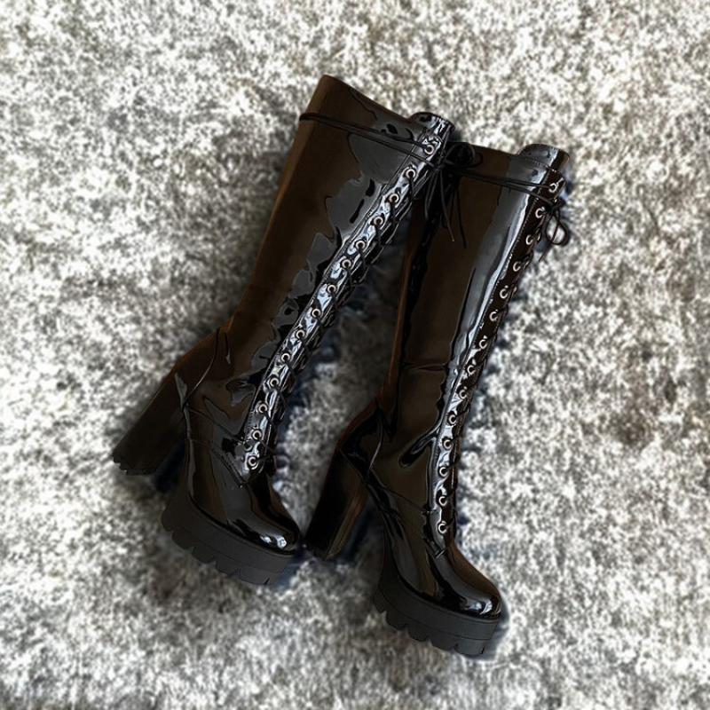 Glossy Chunky Platform Lace-Up Knee-High Boots 