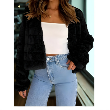 Women’s Faux Fur Jacket – Cropped – Relaxed Fit – Open Front – Long Sleeve – Textured